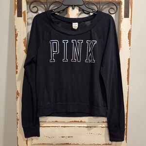 Victoria's Secret PINK Black Holographic Logo Long Sleeve Sleep Shirt Medium